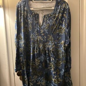 Coldwater Creek Blue and Olive Leaf Print Tunic